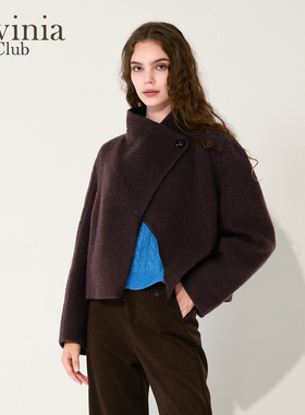 Lavinia2025冬新款极简静奢风质感单粒扣斜襟立领毛呢大衣外套女