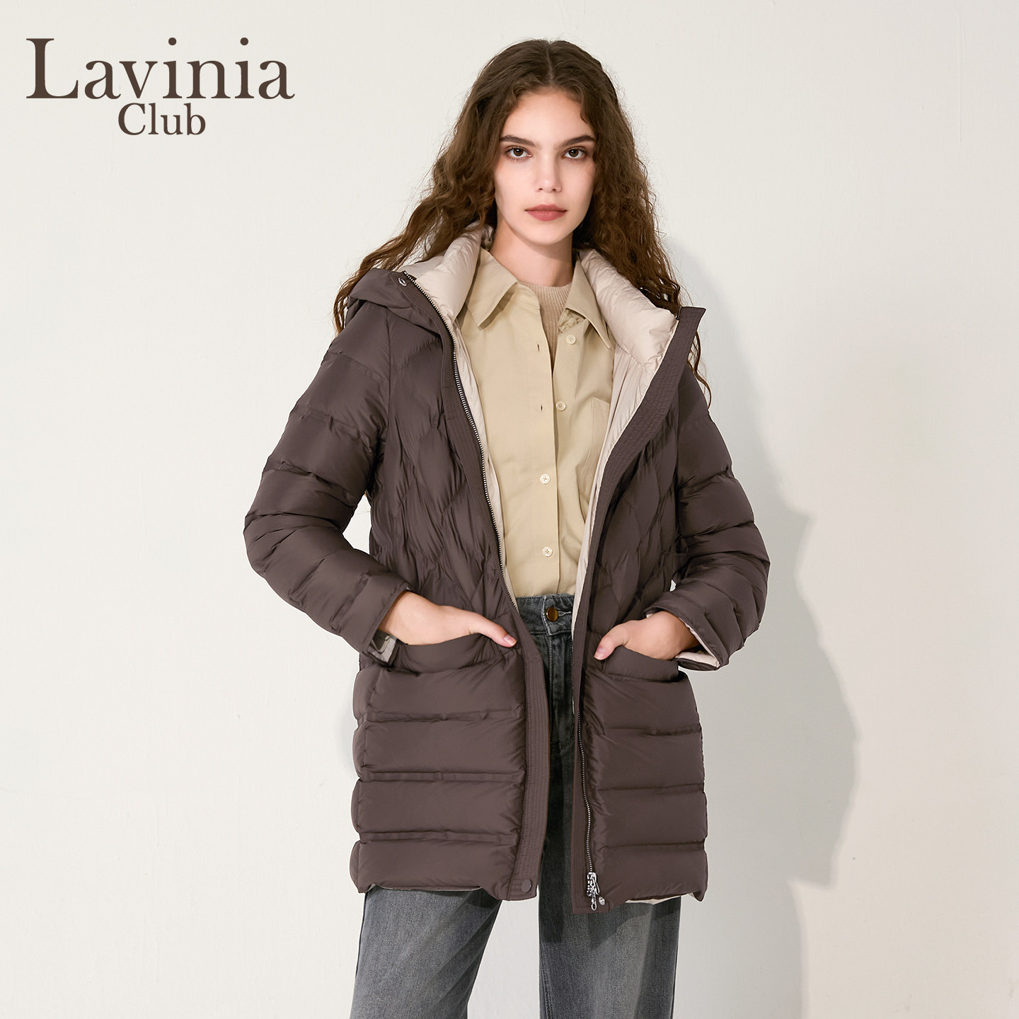Lavinia女装冬季新款菱格纹绗缝拼接中长款连帽保暖羽绒服外套女