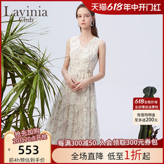 Lavinia 夏季新款女装中式水墨风印花无袖v领气质连衣裙女P33L122