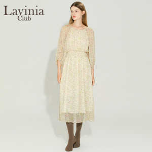 Lavinia真丝圆领仙女裙春秋新款桑蚕丝高级感收腰显瘦碎花连衣裙