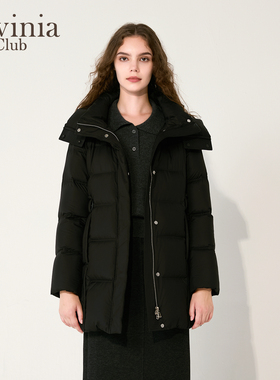 Lavinia黑色中长款羽绒服女2025冬季新款连帽立领白鸭绒保暖外套