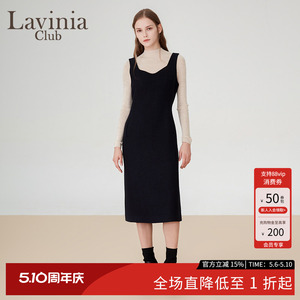 Lavinia赫本风小黑裙春秋新款V领修身显高气质打底吊带连衣裙