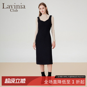 Lavinia赫本风小黑裙春秋新款V领修身显高气质无袖打底吊带连衣裙