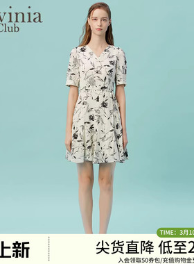 Lavinia女装水墨风印花新中式风气质短袖V领显瘦连衣裙女P33L119