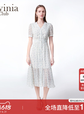 Lavinia雪纺碎花仙女裙夏季新品法式V领OL气质连衣裙Q53L106