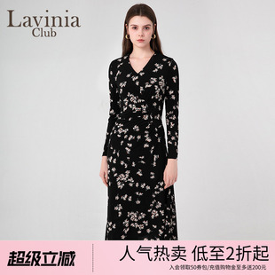 法式 长裙高级感裙子女P45L108 碎花设计感黑色连衣裙早春新款