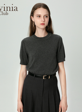 拉维妮娅早秋新品软糯舒适针织短袖女通勤百搭打底衫I47Z109