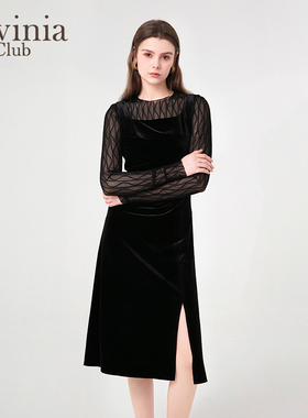 Lavinia春秋优雅气质小黑裙修身显瘦仿丝绒吊带连衣裙女J45L150S