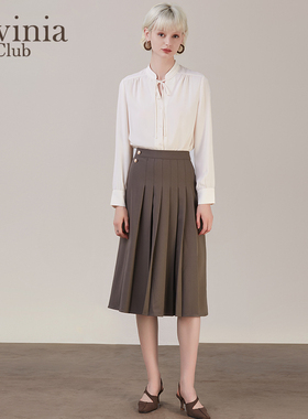 拉维妮娅半身裙女春秋新款高腰A字百褶裙修身显瘦中长裙R25Q112S
