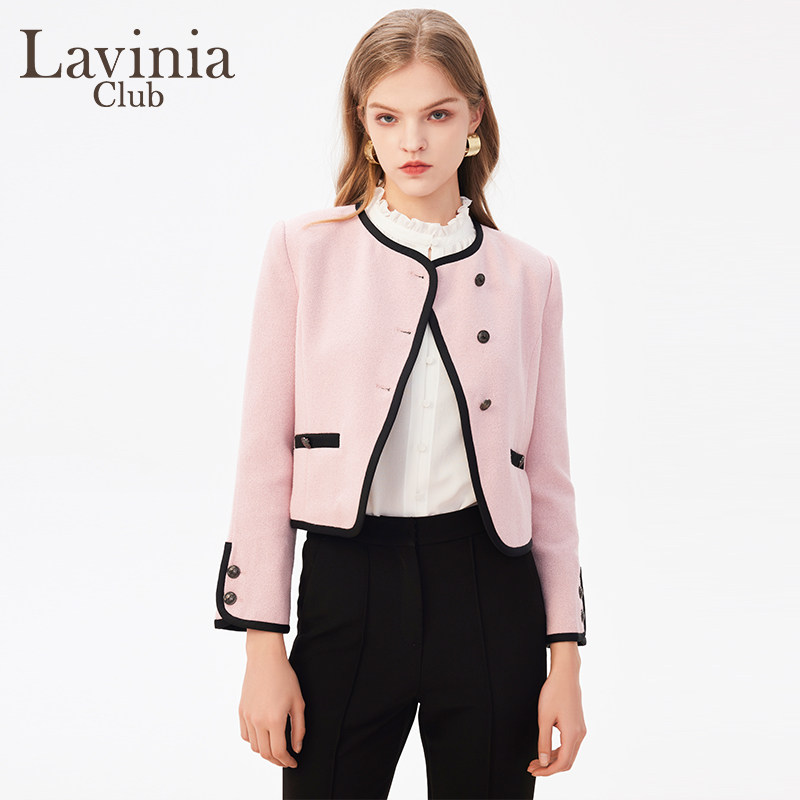 Lavinia春秋款樱花粉色小香风外套女撞色法式通勤气质针织衫