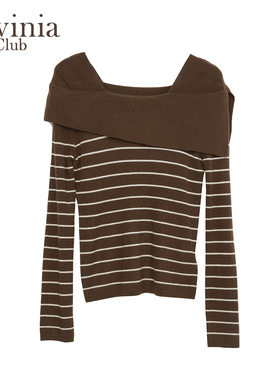 Lavinia2025秋新款法式气质通勤风一字肩条纹羊毛针织衫女L55Z108