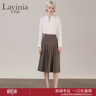 拉维妮娅半身裙女春秋新款 显瘦中长裙R25Q112S 高腰A字百褶裙修身