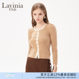 Lavinia春秋新款 女V41Z111 小香风通勤气质方领撞色开叉针织衫