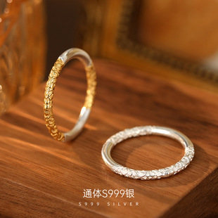 马年新品榕树下S999足银双边描金古法卷草纹戒指爆款国潮复古实心