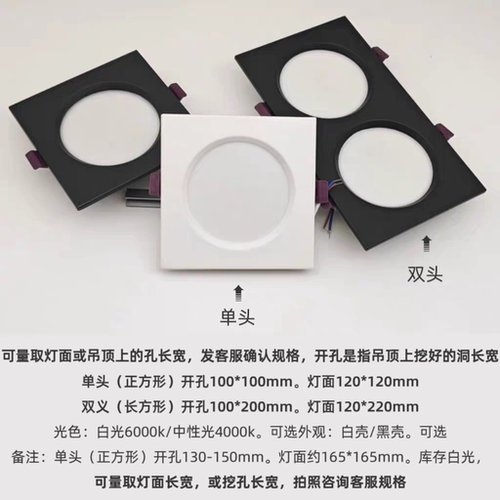单双头黑白色LED筒灯照明格栅家庭商业办公开孔100*100MM*200MM
