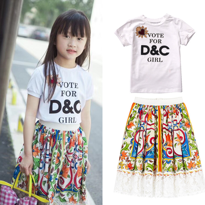 悦小恬 2018年夏季新品童装女童花边半裙连衣裙短袖+半裙