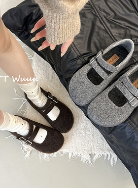 TTWuuu灰色加绒玛丽珍毛毛鞋女外穿秋冬季复古厚底加厚保暖棉鞋