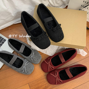 TTWuuu毛绒绒芭蕾舞鞋女法式复古风软底加绒玛丽珍蝴蝶结浅口单鞋