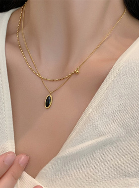 Vintage复古法式椭圆黑色项链女短款锁骨链新款个性叠戴项链百搭