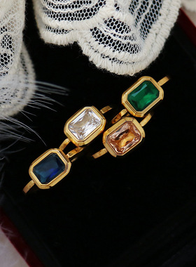 日韩时尚新款百搭气质简约四方镶锆石戒指指环女钛钢饰品多色可选