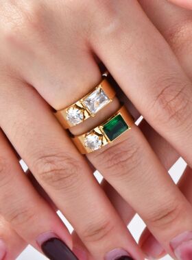 欧美时尚新款小众设计钛钢镀18K金多色镶锆石戒指指环女中指食指