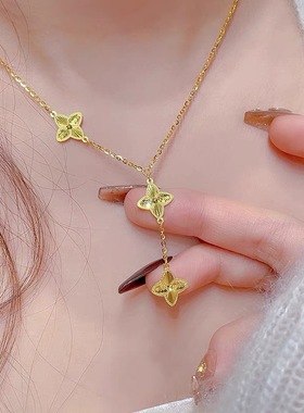 2024新款小众设计三花幸运草钛钢项链镀18K金锁骨链百搭时尚气质