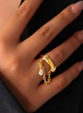 欧美新款高级感小众设计金色镶钻链条戒指水滴吊坠指环百搭气质女