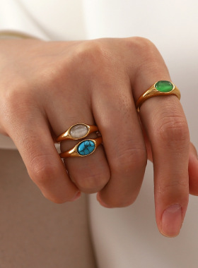 欧美INS风高品质跨境猫眼石戒指女时尚百搭钛钢绿松石指环中指