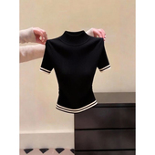 女高级感百搭高级感气质毛衣 针织打底衫 设计感短款 条纹半高领中袖