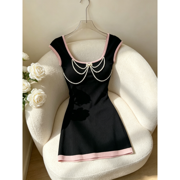 珍珠链条短袖连衣裙女新款韩版时尚个性修身显瘦撞色百搭A字裙子