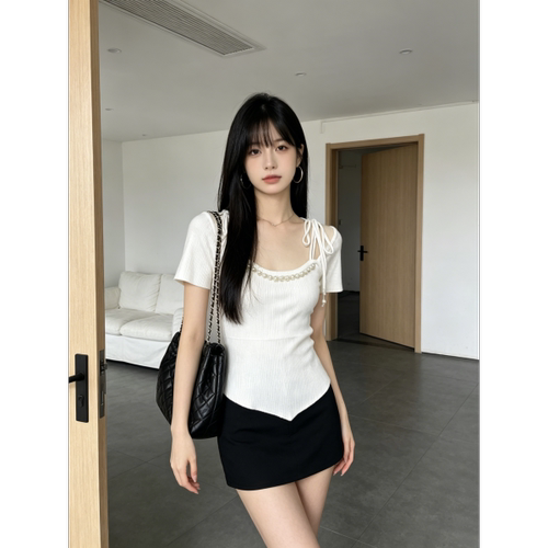 珍珠点缀小香风短袖针织衫女新款洋气显瘦百搭方领修身薄款上衣服