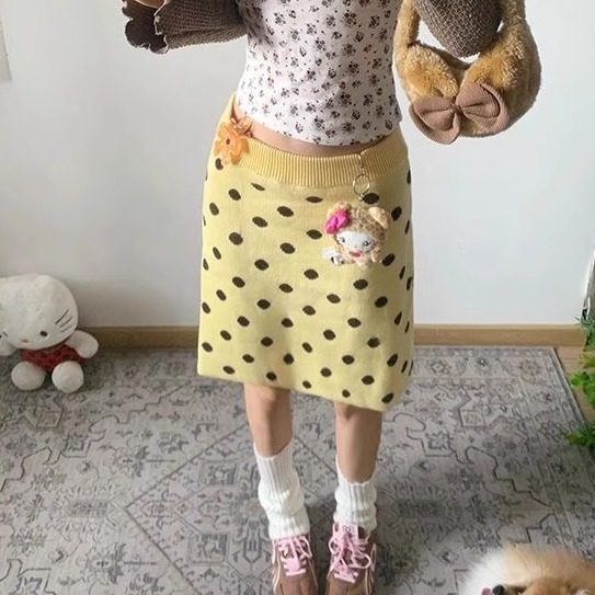韩系高级感弹力波点针织半身裙女半身裙