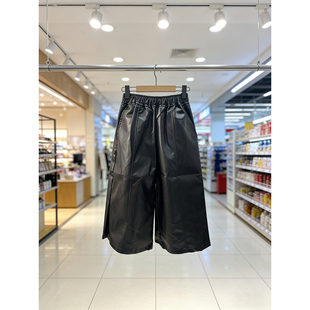 长裤 通勤小个子纯色女时尚 小众百搭显瘦松紧腰七分阔腿皮裤 新款