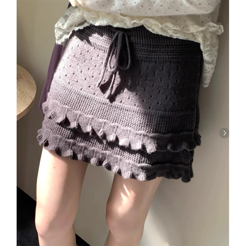 韩系复古系带针织半身裙女短款荷叶边显瘦百搭层次感半裙弹力裙子