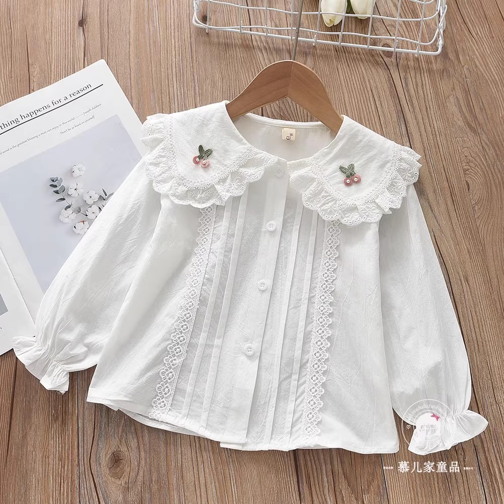 洋气女童纯棉樱桃衬衫儿童大翻领公主开衫衬衣中大童T恤衫上衣新