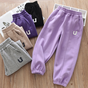 百搭女童休闲裤儿童刺绣字母U长裤子中大童收口中锋卫裤2024春装