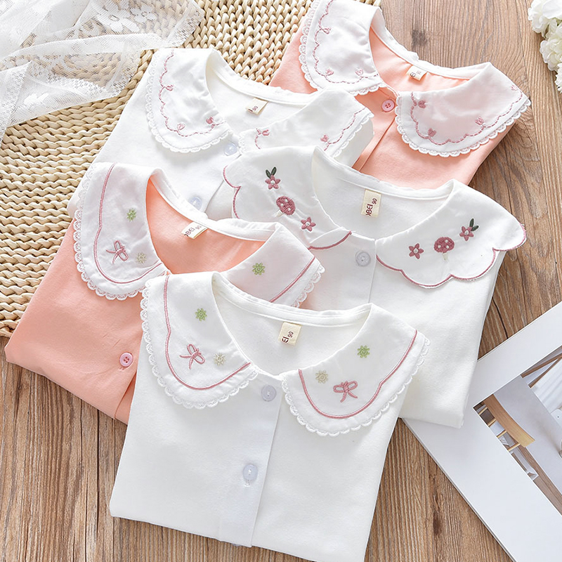 纯棉女童花边领白色打底衫儿童百搭刺绣开衫衬衫中大童娃娃领衬衣