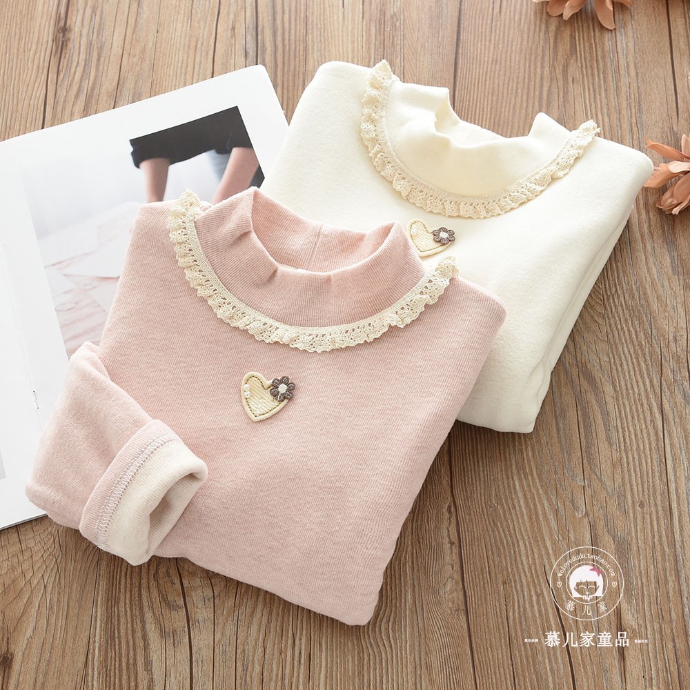 双层加绒加厚保暖打底衫儿童半高领爱心内搭保暖上衣2025冬季新款