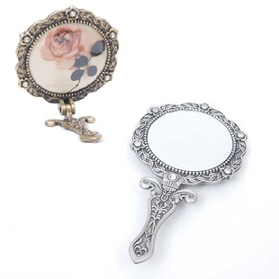 包邮 韩国进口带钻玫瑰花折叠复古铜镜 古典化妆随身手柄小镜子