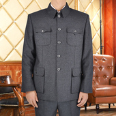 男士 西服加绒加厚 中年套装 中老年中山装 宽松爸爸中山服秋冬厚款