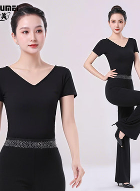 春夏季形体训练服装女修身V领短袖舞蹈练功服舞台走秀形体服导师