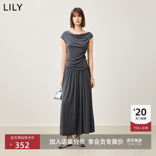 2025莱赛尔绵羊毛荡领收腰连衣裙女 商场同款 LILY时光小黑裙
