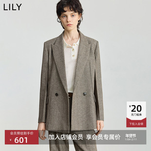 LILY2025冬新款女装羊毛混纺老钱风人字纹气质通勤卡其色西装外套