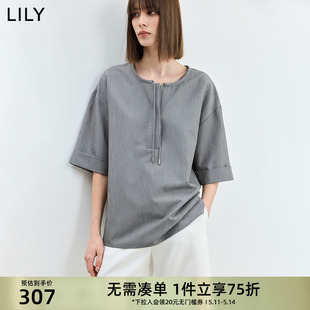 上衣T恤女 复古抽绳圆领休闲宽松微阔质感五分袖 新品 LILY2024夏季