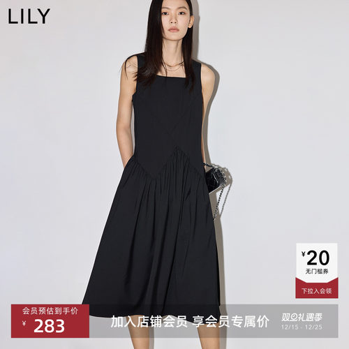 法式方领收腰连衣裙LILY小黑裙