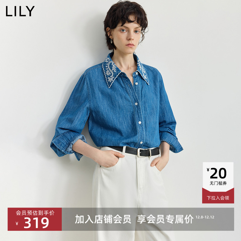 LILY通勤棉麻牛仔镂空复古衬衫