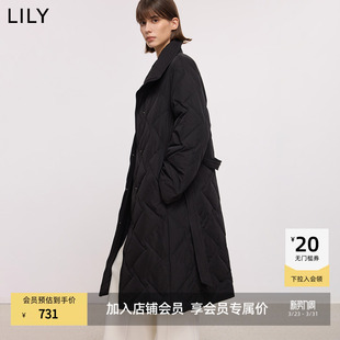 LILY2025冬新款 复古立领翻领腰带收腰百搭通勤黑色羽绒服外套 女装