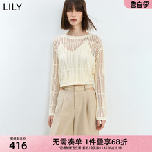 LILY2024夏季新品镂空针织衫长袖罩衫宽松度假风套头小上衣女
