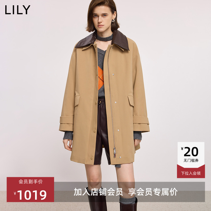 LILY撞色中长款翻领羽绒服外套