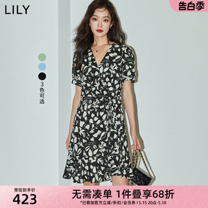 LILY2024夏薄荷曼波新款女装泡泡袖抽绳印花中长款连衣裙小个子女